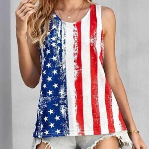 PATRIOTIC NWOT WOMENS RED WHITE BLUE FLAG TANK TOP SHIRT SUMMER FALL SZ S M
